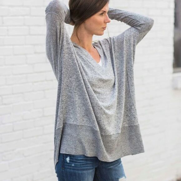Chance Or Fate Hacci V Neck Tunic Sweater Gray - Picture 9 of 9